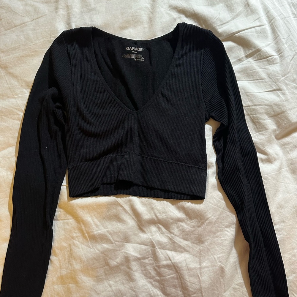 Garage Deep Black V-Neck Ribbed Crop Top